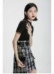 Square Collar Splice Mesh Chest Hollow-Out Chain Short Sleeve Black Punk T-Shirt