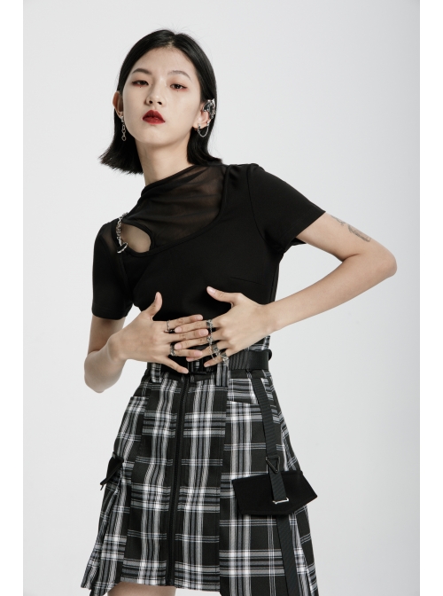 Square Collar Splice Mesh Chest Hollow-Out Chain Short Sleeve Black Punk T-Shirt