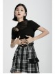 Square Collar Splice Mesh Chest Hollow-Out Chain Short Sleeve Black Punk T-Shirt