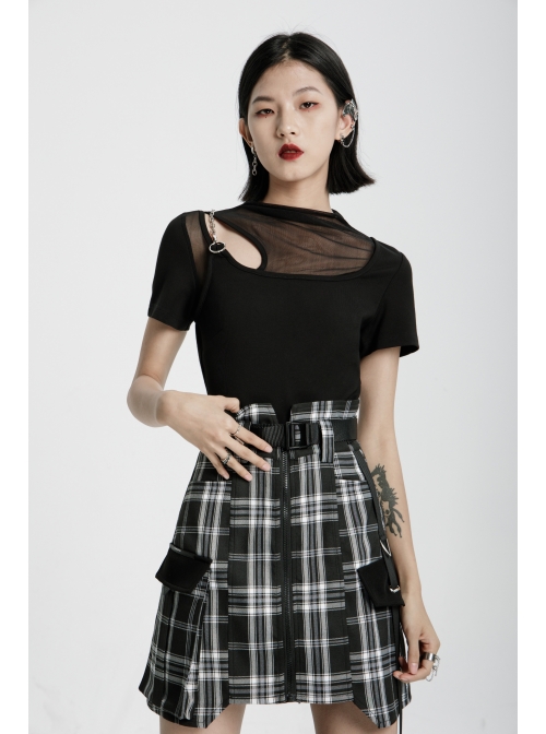 Square Collar Splice Mesh Chest Hollow-Out Chain Short Sleeve Black Punk T-Shirt