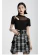 Square Collar Splice Mesh Chest Hollow-Out Chain Short Sleeve Black Punk T-Shirt