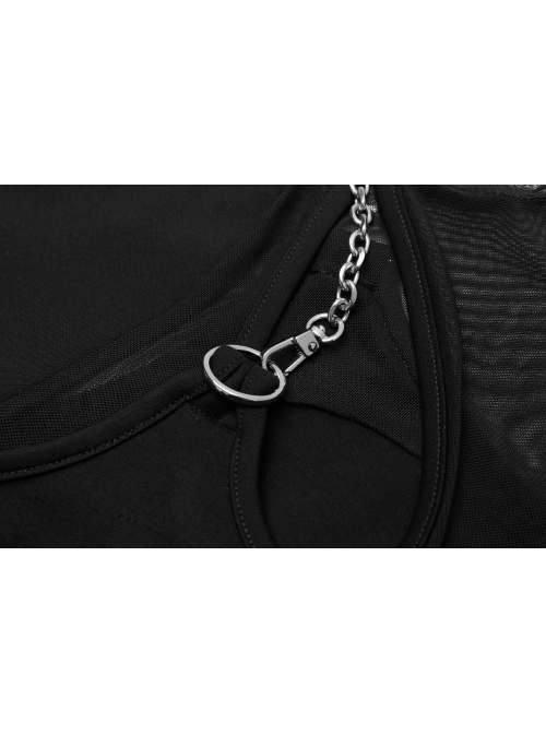 Square Collar Splice Mesh Chest Hollow-Out Chain Short Sleeve Black Punk T-Shirt