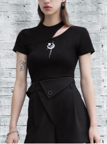 Black Small Metal Clip Collar Shoulder Hollow-Out Chest Moon Printed Short Punk T-Shirt
