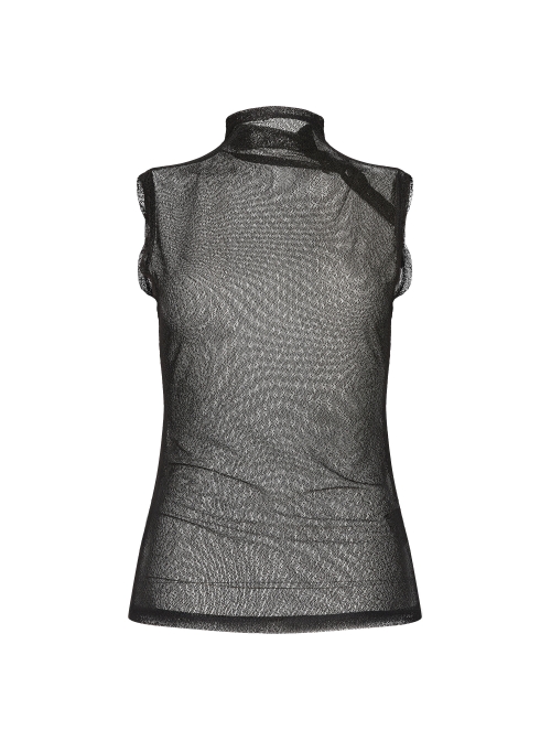 Small High Collar Slant Placket Metal Buckle Black Punk Mesh Vest