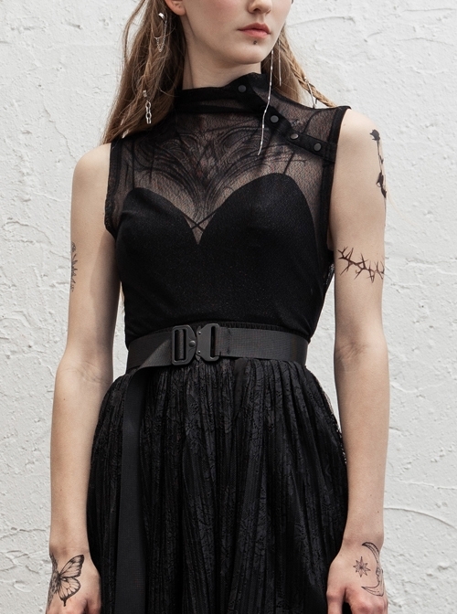 Small High Collar Slant Placket Metal Buckle Black Punk Mesh Vest