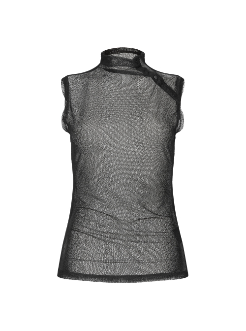 Small High Collar Slant Placket Metal Buckle Black Punk Mesh Vest