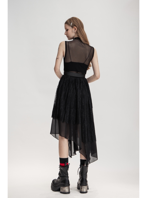 Small High Collar Slant Placket Metal Buckle Black Punk Mesh Vest
