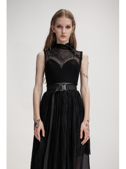 Small High Collar Slant Placket Metal Buckle Black Punk Mesh Vest