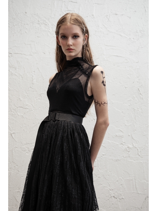 Small High Collar Slant Placket Metal Buckle Black Punk Mesh Vest