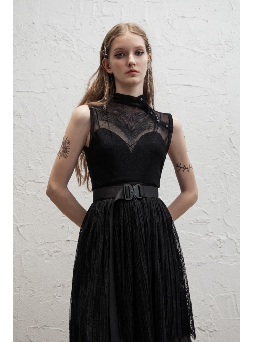 Small High Collar Slant Placket Metal Buckle Black Punk Mesh Vest