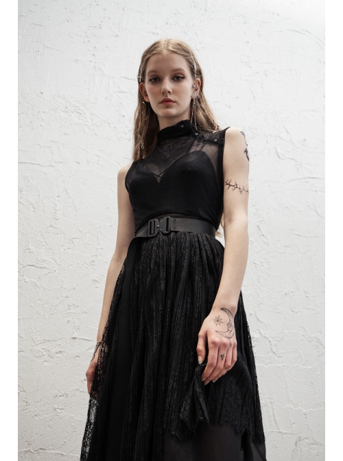 Small High Collar Slant Placket Metal Buckle Black Punk Mesh Vest