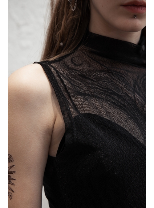 Small High Collar Slant Placket Metal Buckle Black Punk Mesh Vest