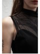 Small High Collar Slant Placket Metal Buckle Black Punk Mesh Vest