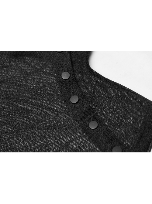 Small High Collar Slant Placket Metal Buckle Black Punk Mesh Vest