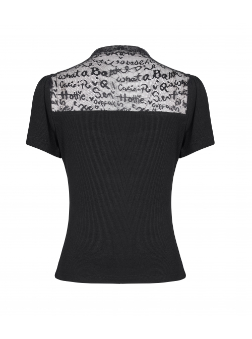 Small High Collar Chest Splice Printed Lace Mesh Moon Pendant Short Sleeve Black Punk T-Shirt