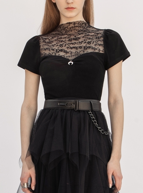 Small High Collar Chest Splice Printed Lace Mesh Moon Pendant Short Sleeve Black Punk T-Shirt