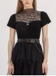 Small High Collar Chest Splice Printed Lace Mesh Moon Pendant Short Sleeve Black Punk T-Shirt