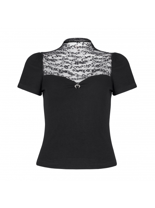 Small High Collar Chest Splice Printed Lace Mesh Moon Pendant Short Sleeve Black Punk T-Shirt