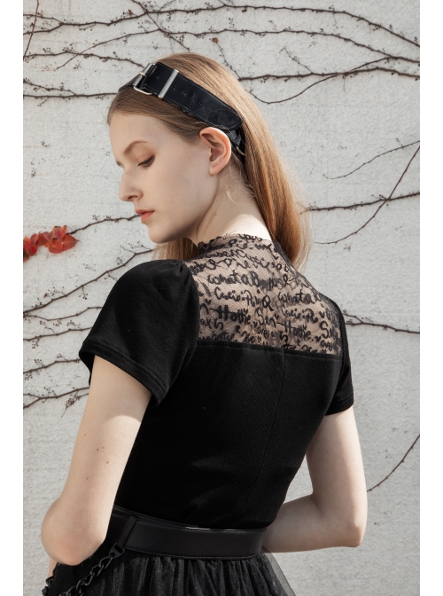 Small High Collar Chest Splice Printed Lace Mesh Moon Pendant Short Sleeve Black Punk T-Shirt