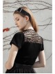 Small High Collar Chest Splice Printed Lace Mesh Moon Pendant Short Sleeve Black Punk T-Shirt