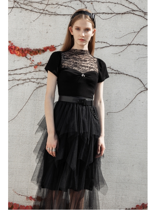 Small High Collar Chest Splice Printed Lace Mesh Moon Pendant Short Sleeve Black Punk T-Shirt
