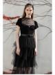 Small High Collar Chest Splice Printed Lace Mesh Moon Pendant Short Sleeve Black Punk T-Shirt
