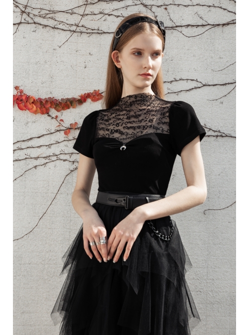Small High Collar Chest Splice Printed Lace Mesh Moon Pendant Short Sleeve Black Punk T-Shirt