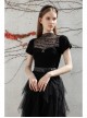 Small High Collar Chest Splice Printed Lace Mesh Moon Pendant Short Sleeve Black Punk T-Shirt