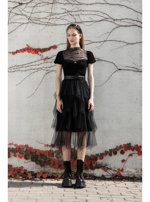 Small High Collar Chest Splice Printed Lace Mesh Moon Pendant Short Sleeve Black Punk T-Shirt