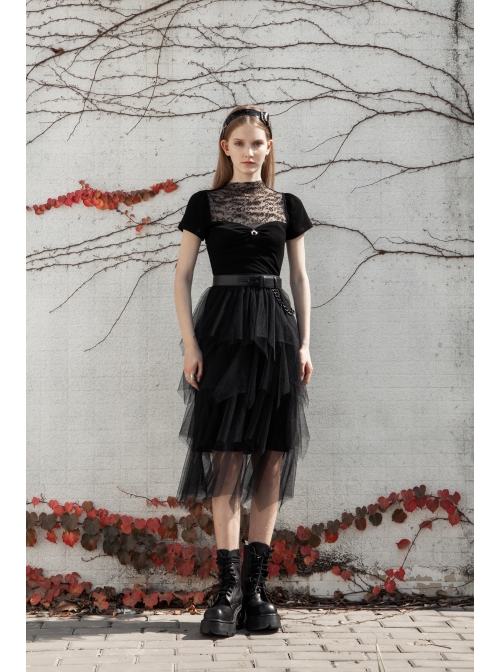 Small High Collar Chest Splice Printed Lace Mesh Moon Pendant Short Sleeve Black Punk T-Shirt