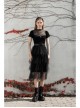 Small High Collar Chest Splice Printed Lace Mesh Moon Pendant Short Sleeve Black Punk T-Shirt