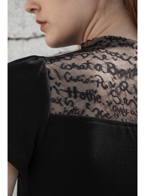 Small High Collar Chest Splice Printed Lace Mesh Moon Pendant Short Sleeve Black Punk T-Shirt