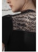 Small High Collar Chest Splice Printed Lace Mesh Moon Pendant Short Sleeve Black Punk T-Shirt
