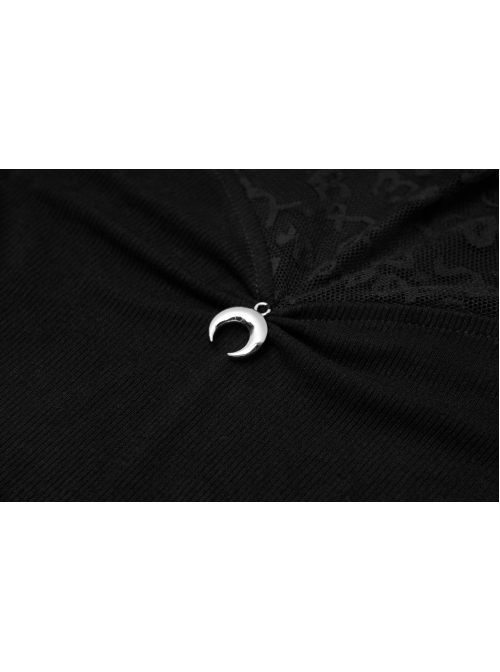 Small High Collar Chest Splice Printed Lace Mesh Moon Pendant Short Sleeve Black Punk T-Shirt