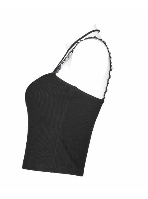 Moon Printed Halter Lace Frill Shoulder Strap Black Punk Camisole