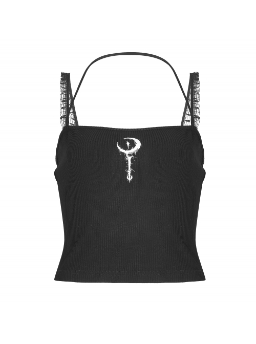 Moon Printed Halter Lace Frill Shoulder Strap Black Punk Camisole