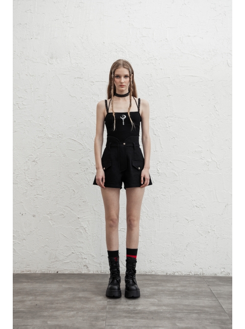 Moon Printed Halter Lace Frill Shoulder Strap Black Punk Camisole