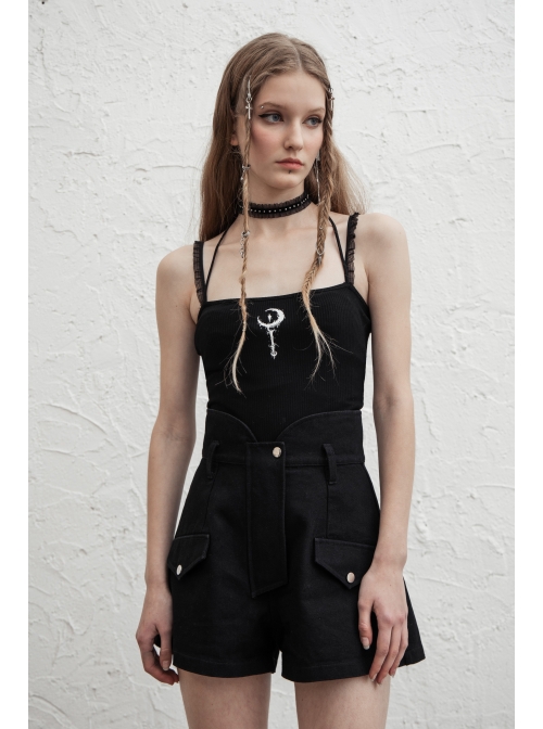 Moon Printed Halter Lace Frill Shoulder Strap Black Punk Camisole