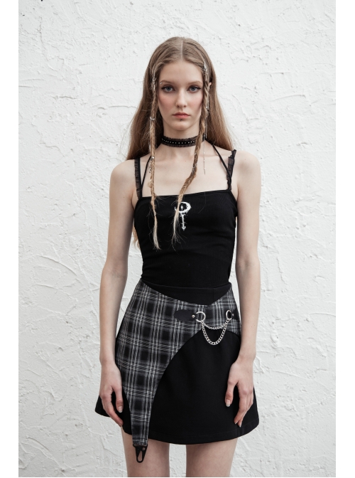 Moon Printed Halter Lace Frill Shoulder Strap Black Punk Camisole