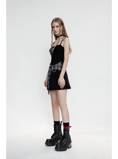 Moon Printed Halter Lace Frill Shoulder Strap Black Punk Camisole