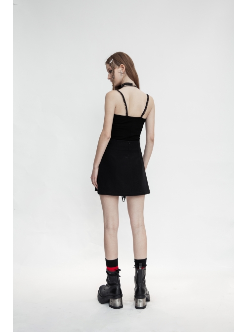Moon Printed Halter Lace Frill Shoulder Strap Black Punk Camisole