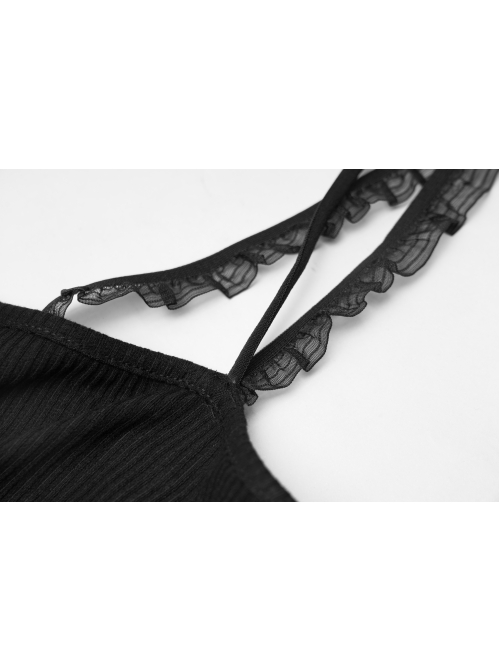 Moon Printed Halter Lace Frill Shoulder Strap Black Punk Camisole