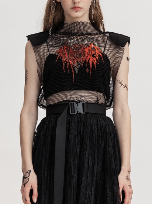 Small High Collar Shoulder Pads Cheat Pattern Embroidered Black Punk Mesh Vest