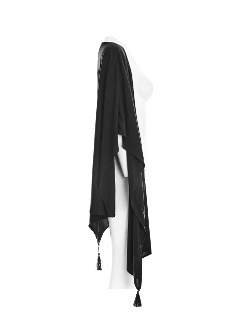 Black Mesh Back Lunar Eclipse Printing Tassel Pendant Hem Gothic Suntan-Proof Shawl
