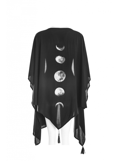 Black Mesh Back Lunar Eclipse Printing Tassel Pendant Hem Gothic Suntan-Proof Shawl