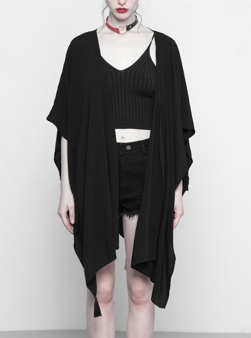 Black Mesh Back Lunar Eclipse Printing Tassel Pendant Hem Gothic Suntan-Proof Shawl