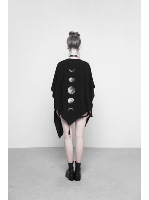Black Mesh Back Lunar Eclipse Printing Tassel Pendant Hem Gothic Suntan-Proof Shawl