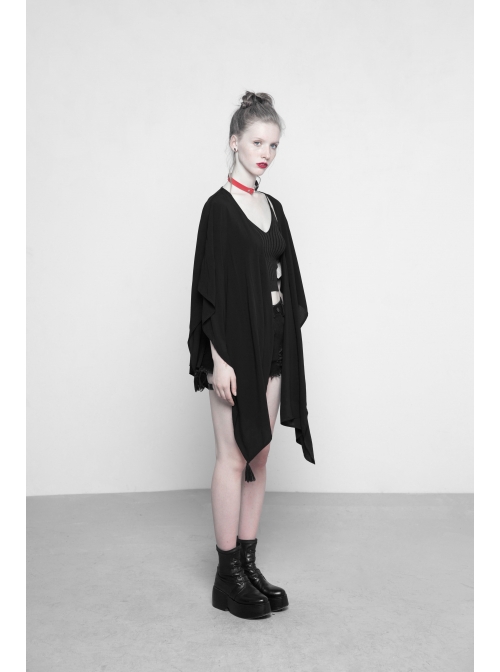Black Mesh Back Lunar Eclipse Printing Tassel Pendant Hem Gothic Suntan-Proof Shawl