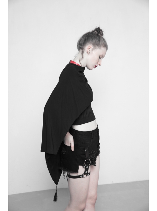 Black Mesh Back Lunar Eclipse Printing Tassel Pendant Hem Gothic Suntan-Proof Shawl
