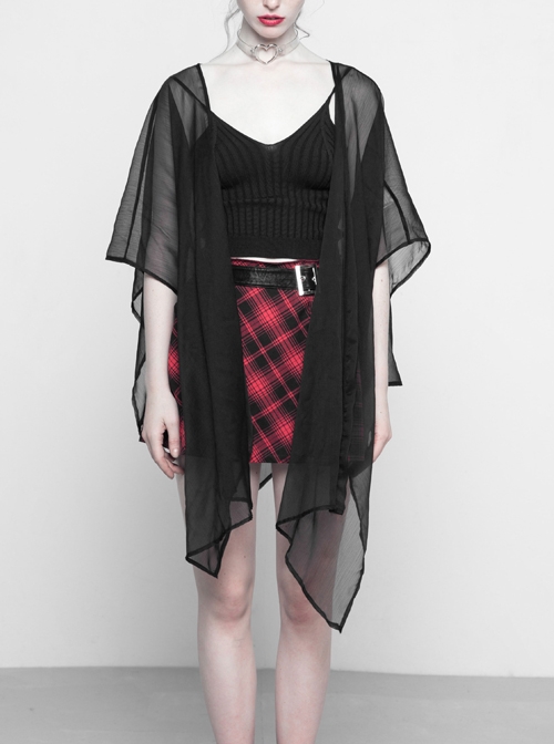 Black Chiffon Asymmetrical Hem Long Sleeve Gothic Suntan-Proof Shawl
